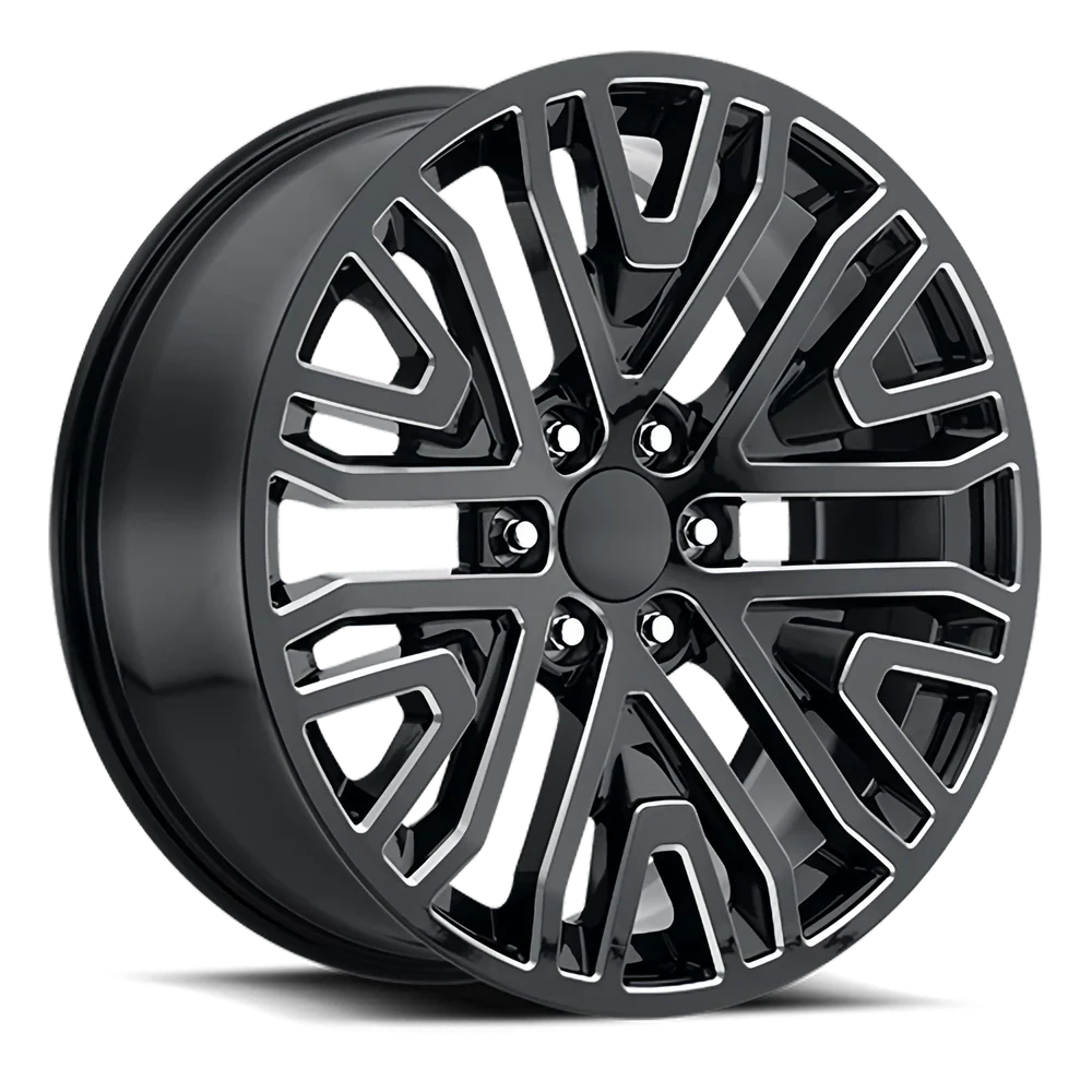 Factory Reproductions FR 93 GMC Mesh Split 6 Spk Replica GB-M 22x9 +28 6x139.7mm 78.1mm Gloss Black Milled Ball – wheel product image