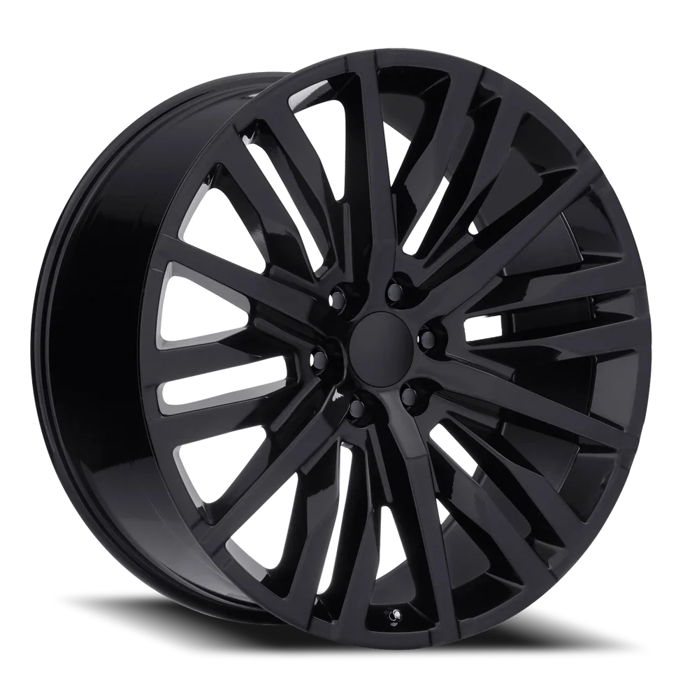 Factory Reproductions FR 97 GM Split 6 Spoke Replica GB 22x9 +28 6x139.7mm 78.1mm Gloss Black – three-quarter view