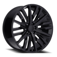 Load image into Gallery viewer, Factory Reproductions FR 97 GM Split 6 Spoke Replica GB 22x9 +28 6x139.7mm 78.1mm Gloss Black – three-quarter view