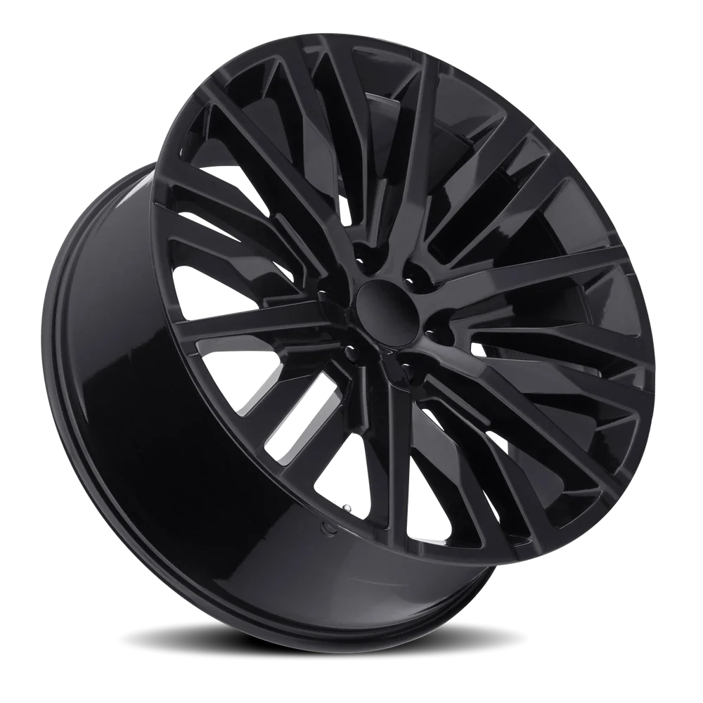 Factory Reproductions FR 97 GM Split 6 Spoke Replica GB 22x9 +28 6x139.7mm 78.1mm Gloss Black – alternate angle 2