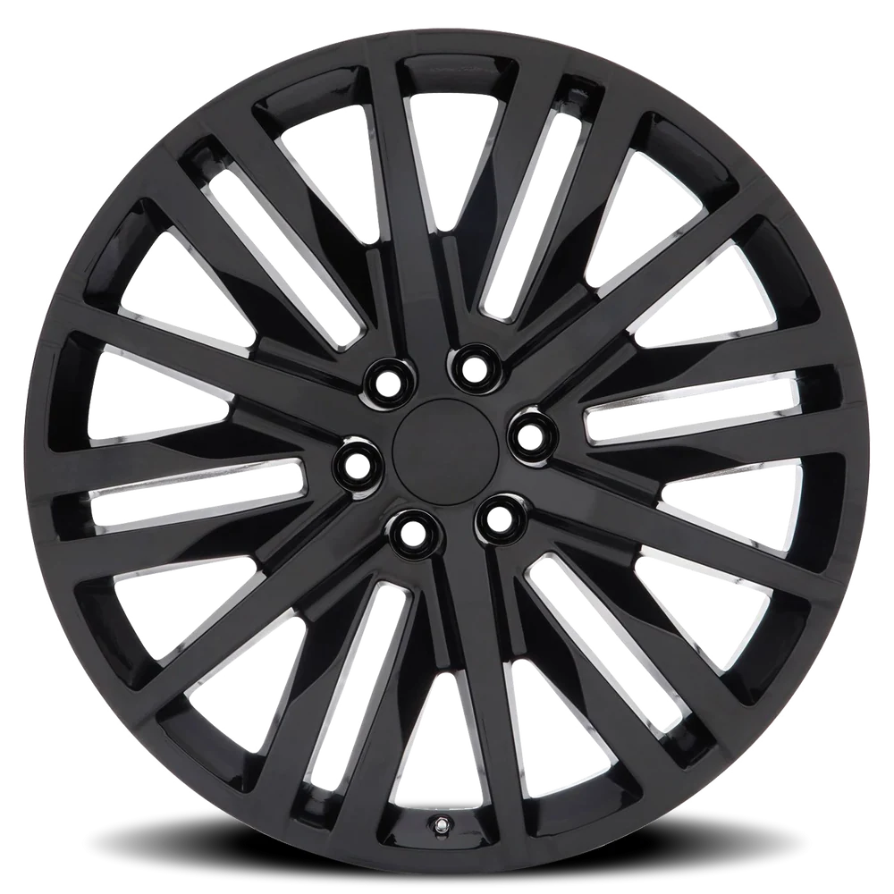 Factory Reproductions FR 97 GM Split 6 Spoke Replica GB 22x9 +28 6x139.7mm 78.1mm Gloss Black – front view