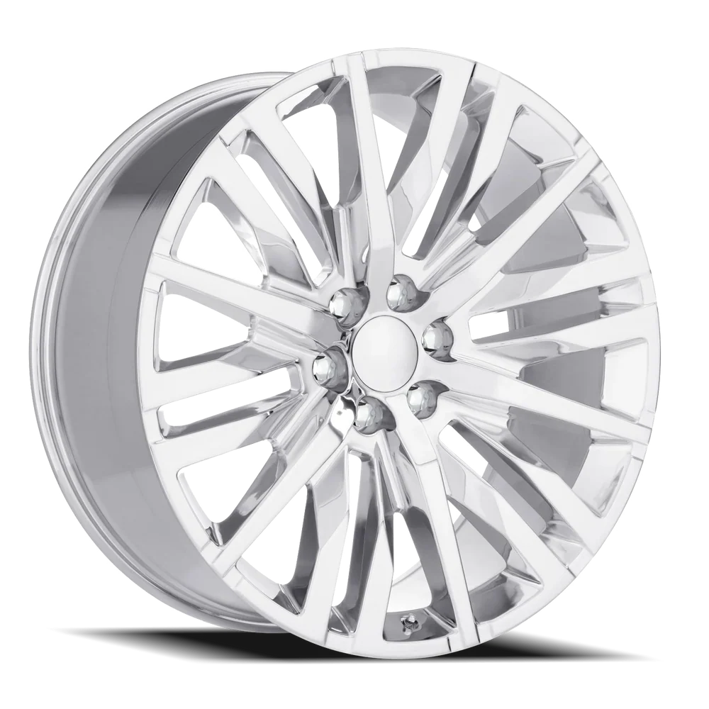 Factory Reproductions FR 97 GM Split 6 Spoke Replica CH 20x9 +28 6x139.7mm 78.1mm Chrome – three-quarter view