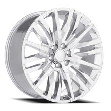 Load image into Gallery viewer, Factory Reproductions FR 97 GM Split 6 Spoke Replica CH 20x9 +28 6x139.7mm 78.1mm Chrome – three-quarter view