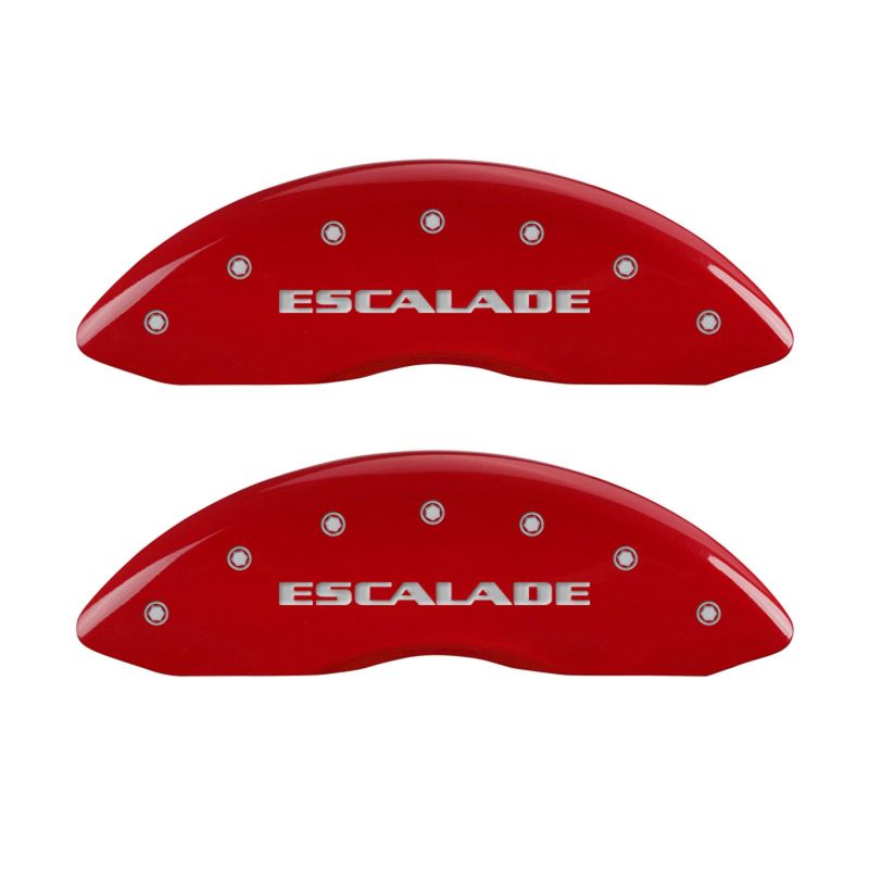 MGP35015SESCRD-MGP 4 Caliper Covers Engraved Front & Rear Escalade Red finish silver ch-Caliper Covers-MGP
