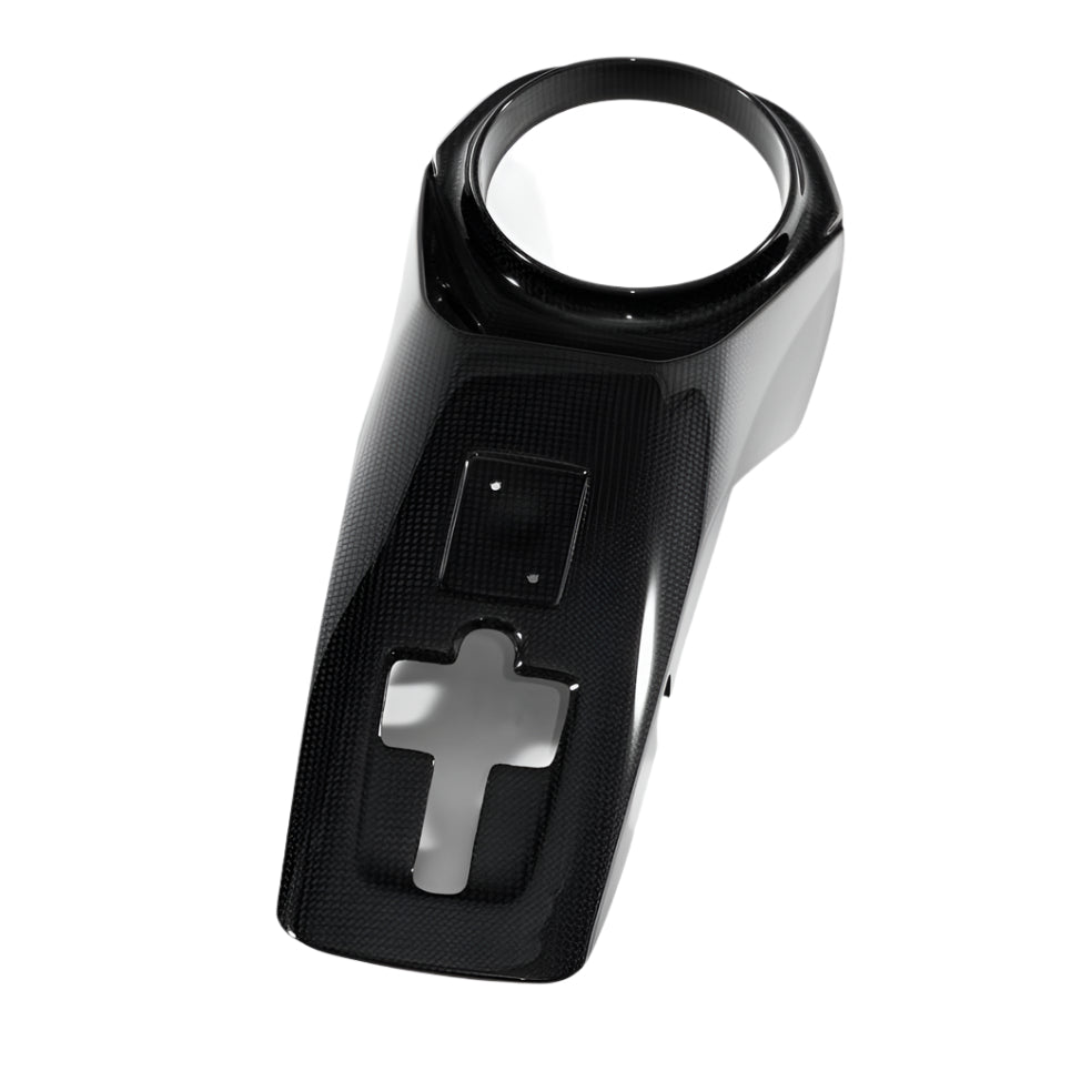 Ferrari 488 carbon fiber rear engine oil cover viewed head on with the round aperture and cross cut out aligned