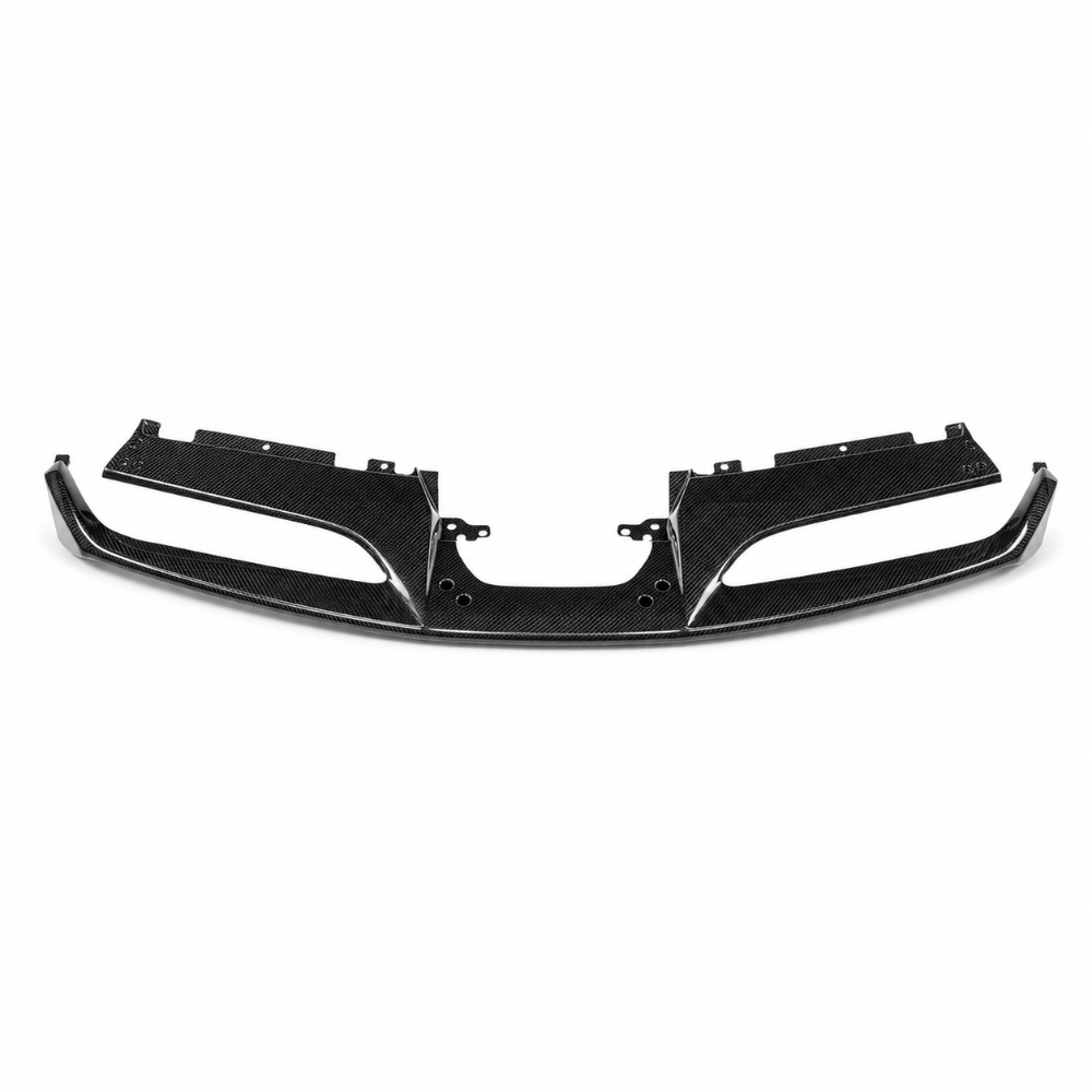 Ferrari 488 carbon fiber front lip viewed head on, showing the symmetrical centre section and outer wings