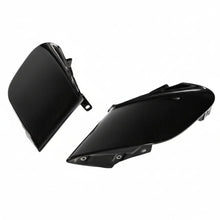 Load image into Gallery viewer, Pair of Ferrari 488 carbon fiber side intake fins with one piece standing upright and one laid flat showing the inner mounting rail