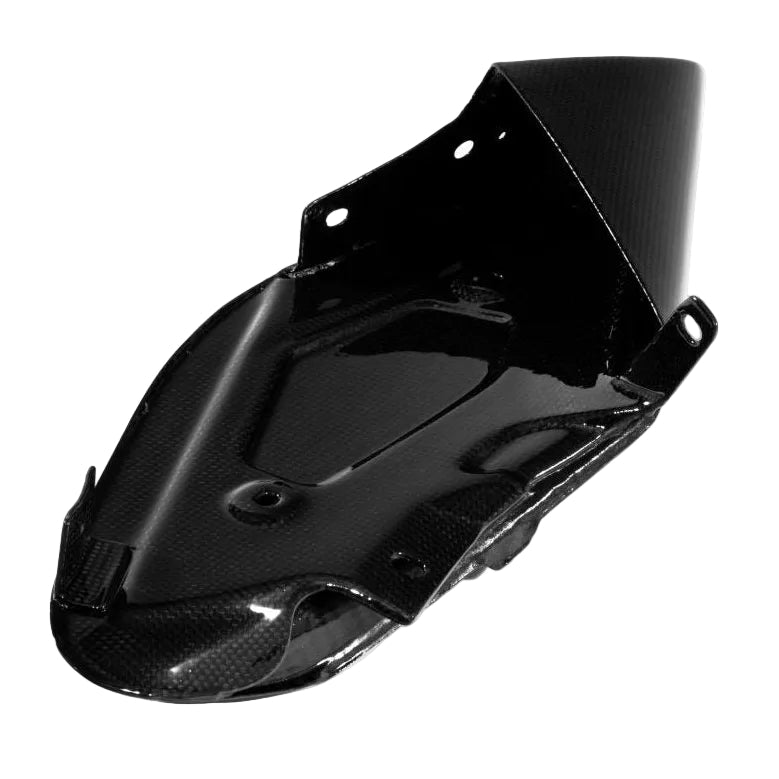 Single Ferrari 488 carbon fiber side intake fin turned to show the inner face with bracket holes and a fastener boss