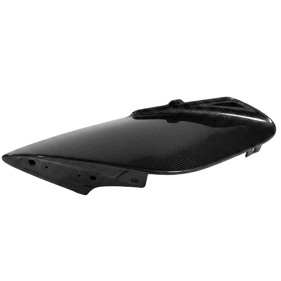 Ferrari 488 carbon fiber side intake fin outer face at an angle with the lower mounting flange and vent detail in view