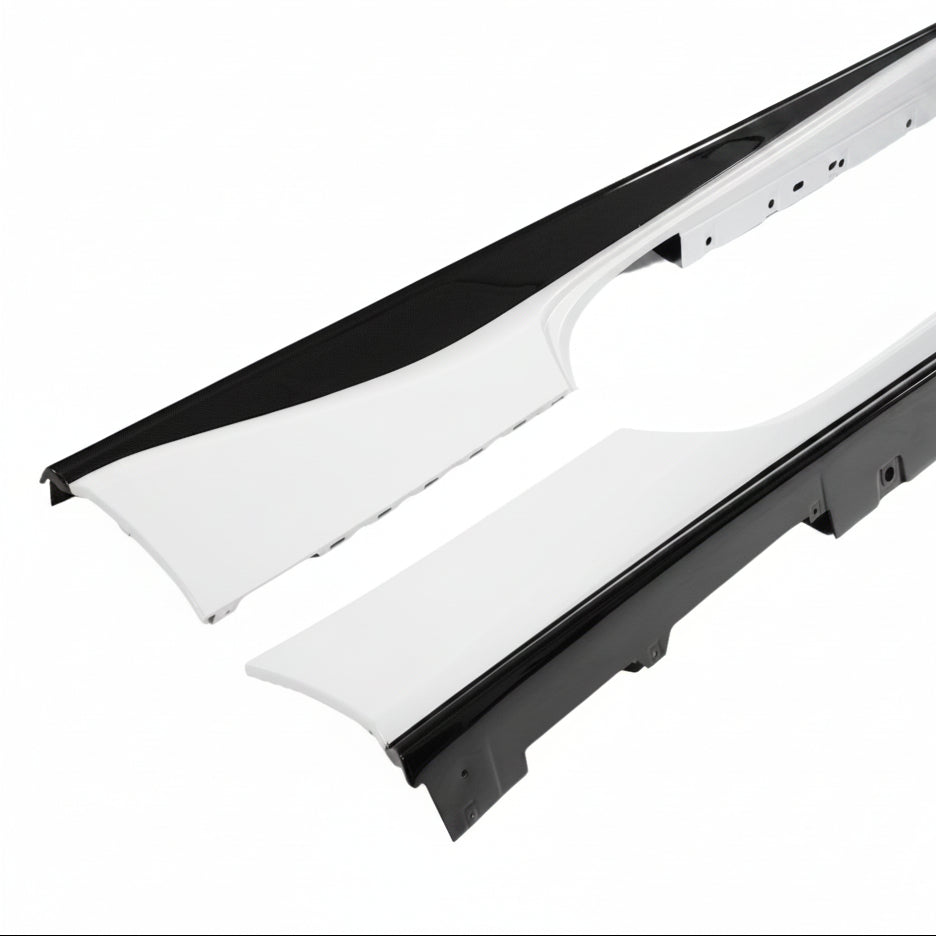 Ferrari 488 side skirt pair stood on edge at an angle showing the full length of the carbon blade