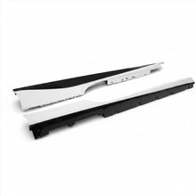 Load image into Gallery viewer, Pair of Ferrari 488 side skirts with white painted upper sections and gloss carbon fiber lower blades, laid side by side