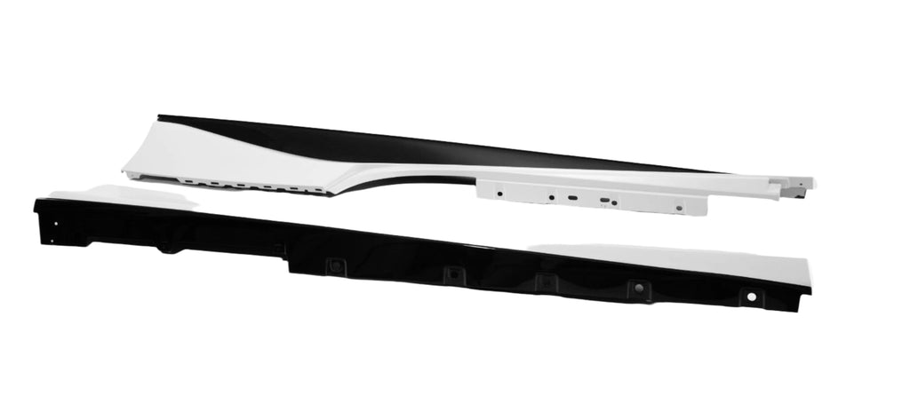 Ferrari 488 side skirt showing the scalloped upper profile and the carbon fiber lower section