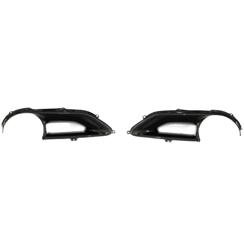 Pair of Ferrari 488 carbon fiber tail light surrounds positioned facing away from the camera, left and right pieces together