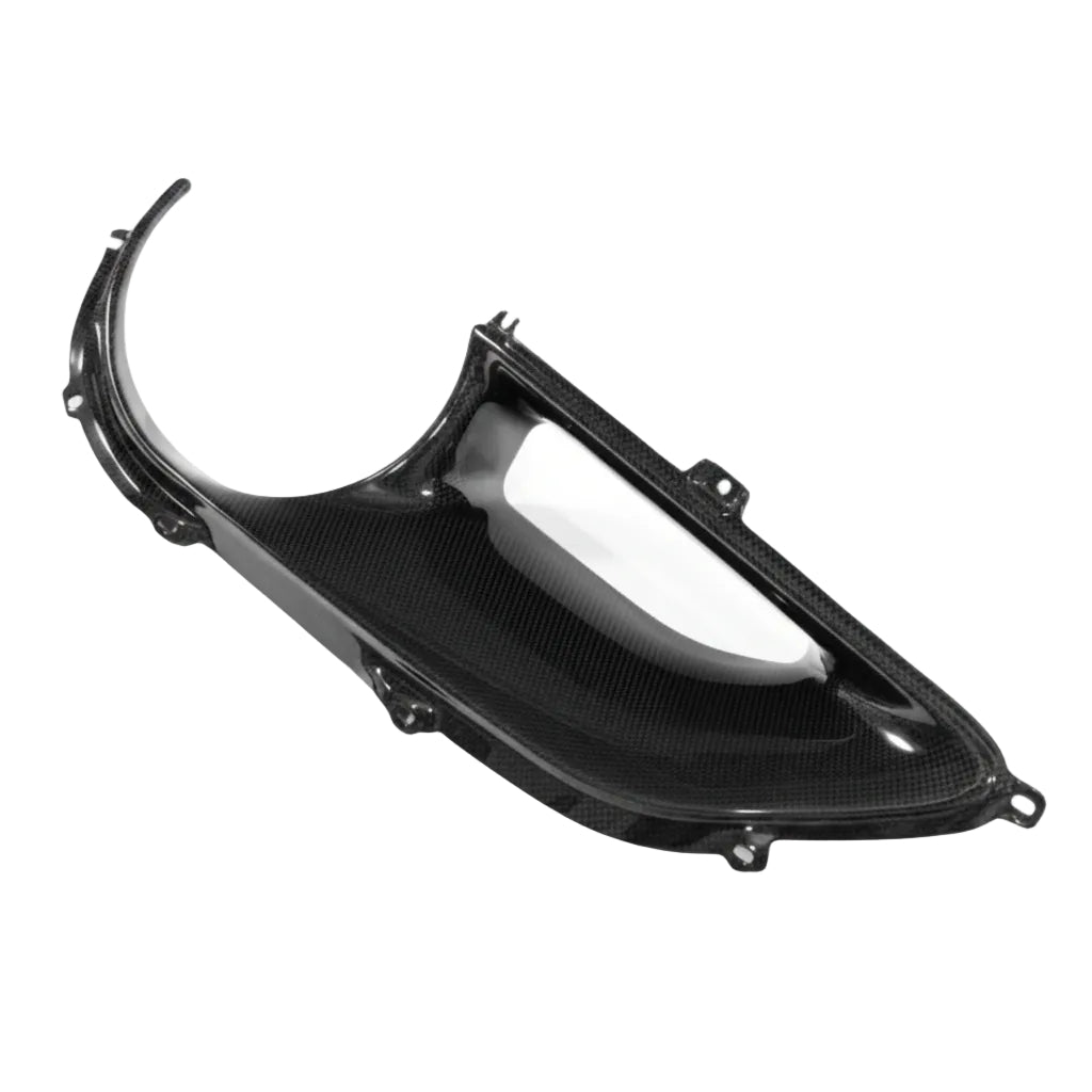 Single Ferrari 488 carbon fiber rear tail light surround in three quarter view showing the round aperture and mounting tabs