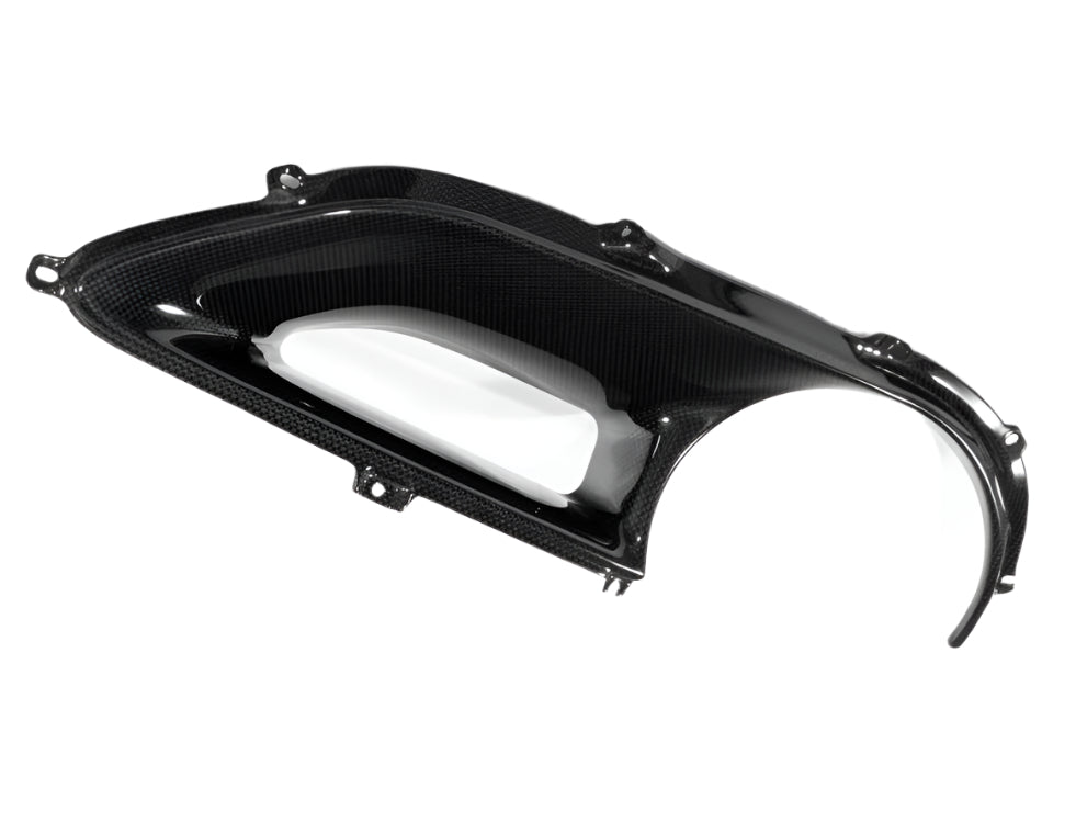 Ferrari 488 carbon fiber tail light surround from a top angle with the full aperture and every mounting tab in view
