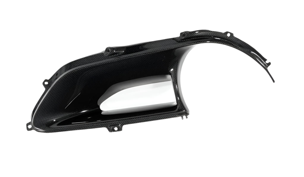 Ferrari 488 carbon fiber tail light surround angled to show the curved trailing extension beside the aperture