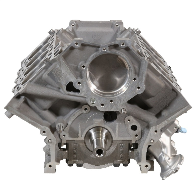 Front-end view of Ford Racing Gen 3 Coyote Aluminator SC short block showing V-shaped cylinder banks and accessory mounting surfaces
