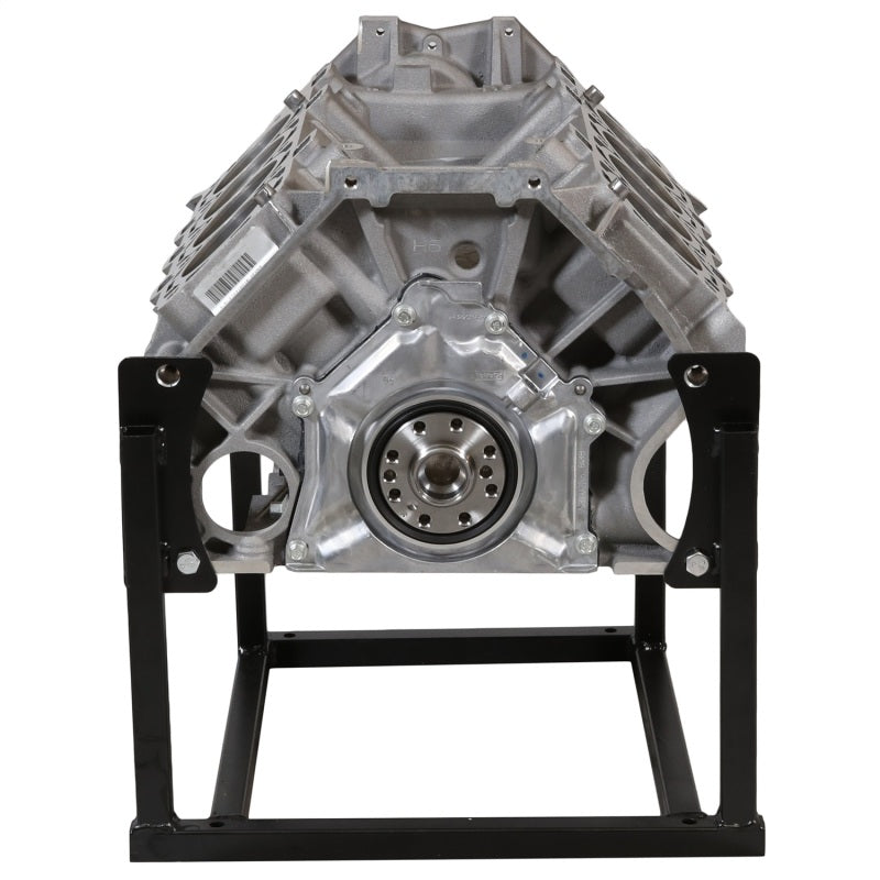 Rear view of Ford Racing Gen 3 Coyote Aluminator SC short block mounted on a stand, showing the bellhousing flange