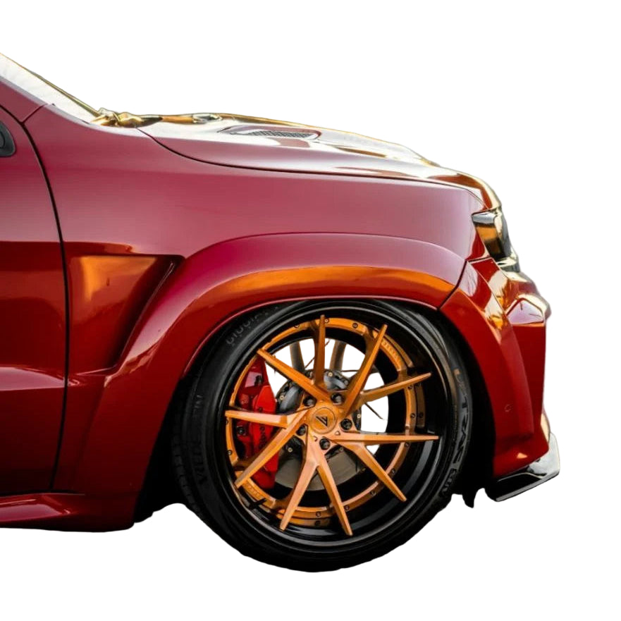 Front 3/4 view of Wideoutt Front Fender Wings installed on Jeep Grand Cherokee WK2