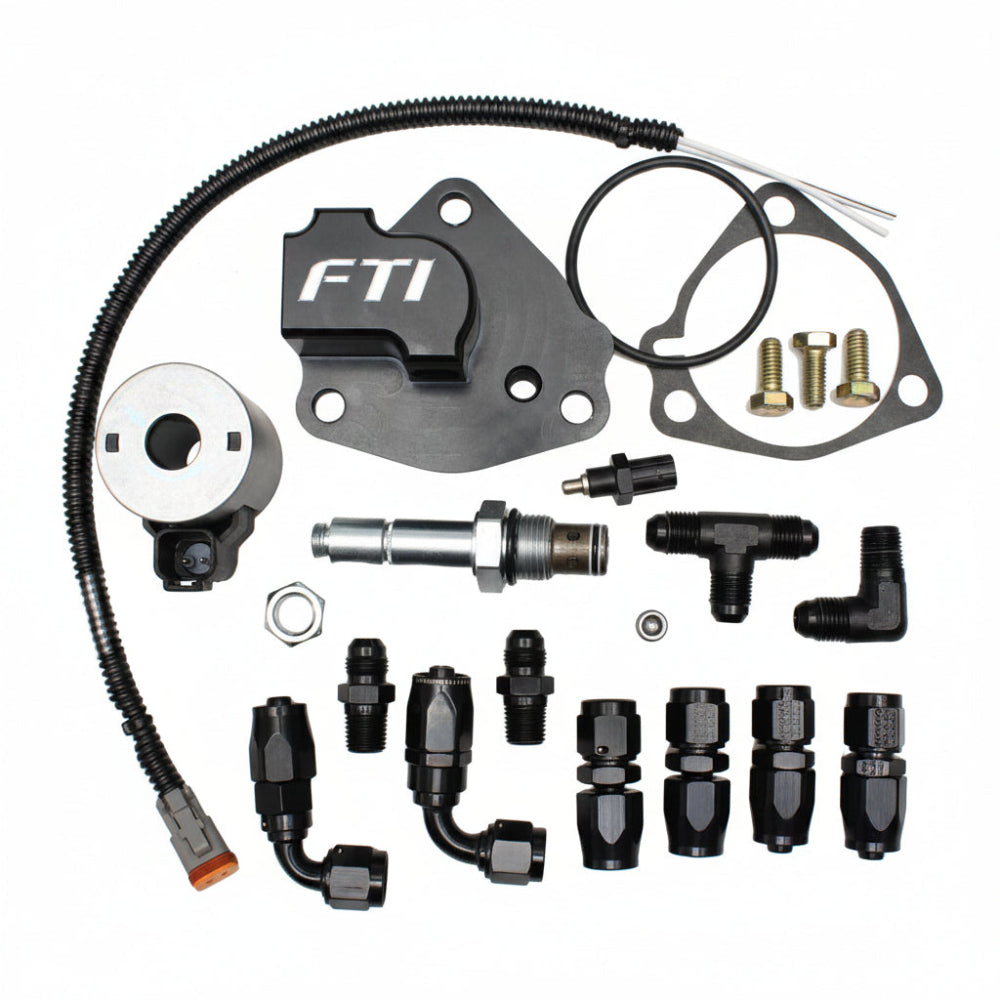 FTI Performance external charge pressure dump valve kit with fittings and hoses, product studio shot