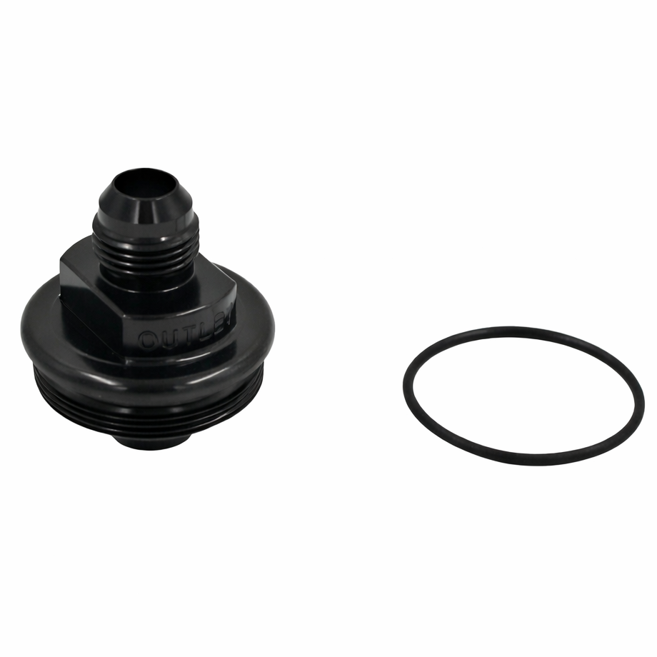 Fuelab black billet filter cap full view with -10AN outlet