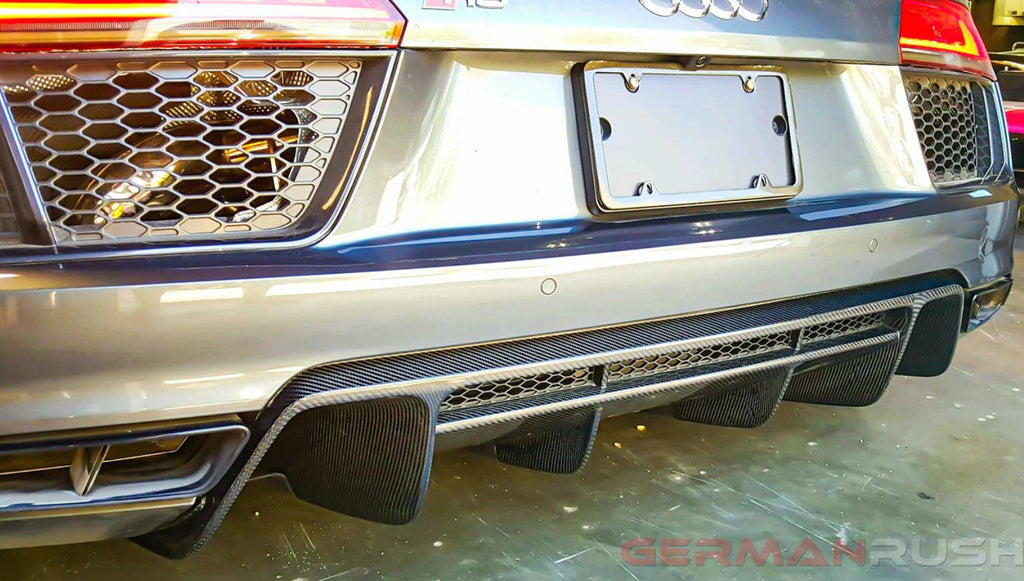 German Rush rear diffuser in carbon fiber detail on a 2016-2018 Audi R8, image 2