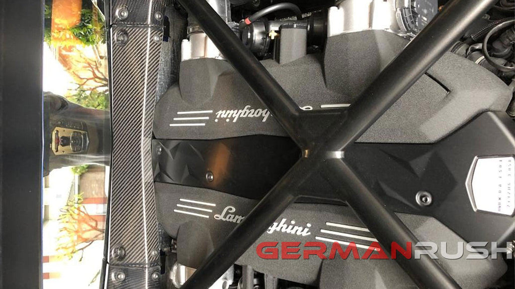 German Rush engine bay trim in carbon fiber angle on a 2011-2019 Lamborghini Aventador, image 3