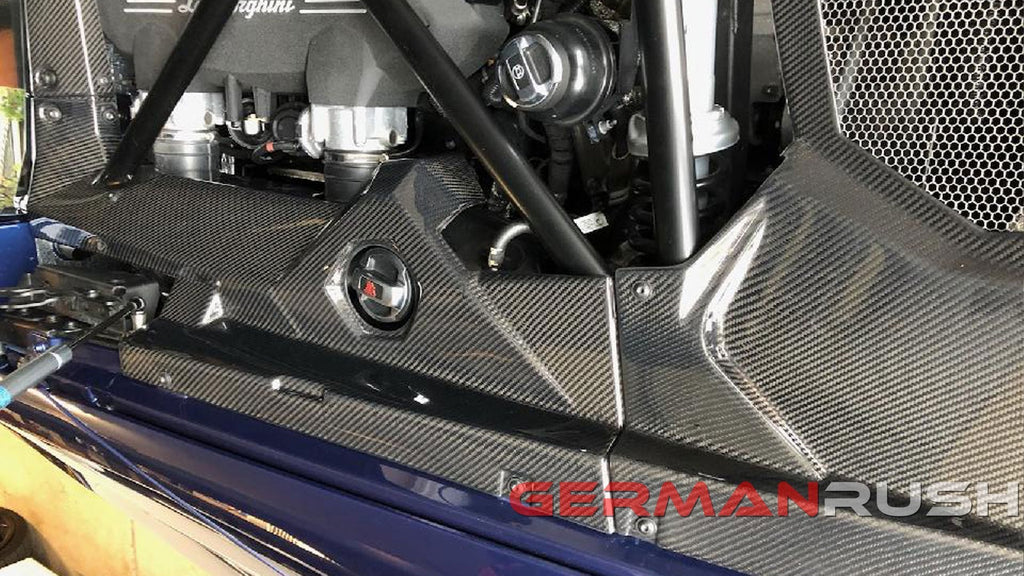 German Rush engine bay trim in carbon fiber detail on a 2011-2019 Lamborghini Aventador, image 2