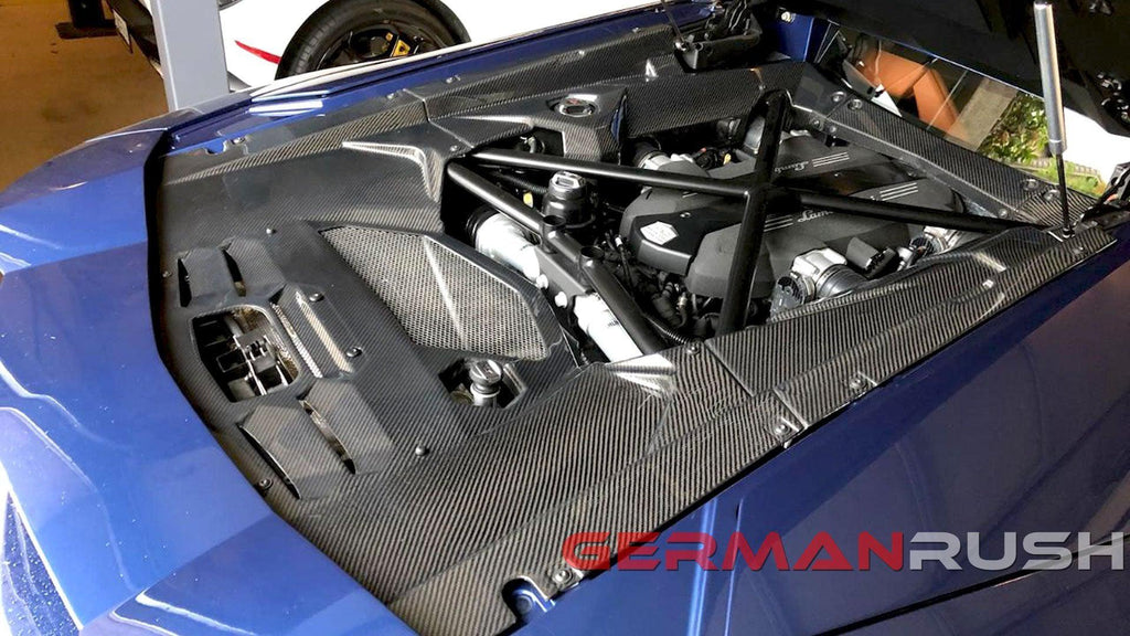 German Rush engine bay trim in carbon fiber installed on a 2011-2019 Lamborghini Aventador, image 1