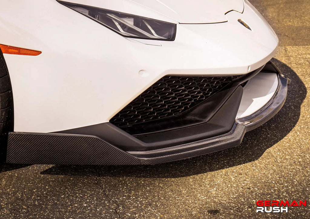 German Rush front splitter in carbon fiber closeup on a 2014-2019 Lamborghini Huracan, image 6
