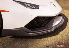 Load image into Gallery viewer, German Rush front splitter in carbon fiber closeup on a 2014-2019 Lamborghini Huracan, image 6