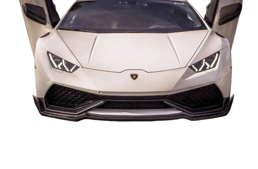 German Rush front splitter in carbon fiber installed on a 2014-2019 Lamborghini Huracan, image 1