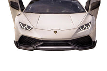 Load image into Gallery viewer, German Rush front splitter in carbon fiber installed on a 2014-2019 Lamborghini Huracan, image 1