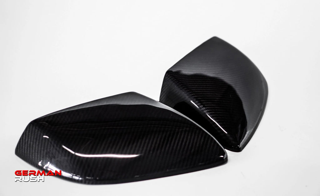 German Rush mirror covers in carbon fiber angle on a 2014-2019 Lamborghini Huracan, image 3