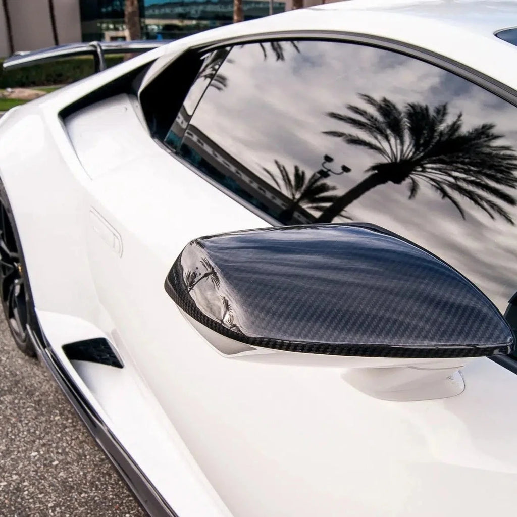 German Rush mirror covers in carbon fiber detail on a 2014-2019 Lamborghini Huracan, image 2