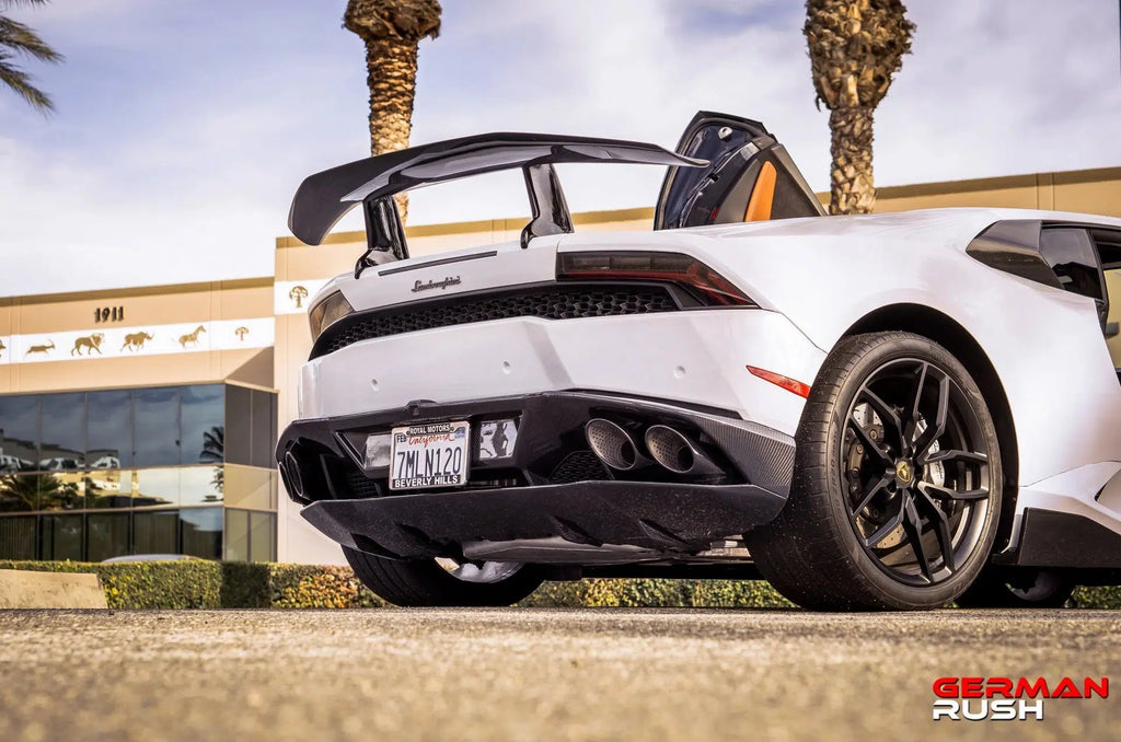 German Rush rear spoiler in carbon fiber closeup on a 2014-2019 Lamborghini Huracan, image 6