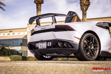 Load image into Gallery viewer, German Rush rear spoiler in carbon fiber closeup on a 2014-2019 Lamborghini Huracan, image 6