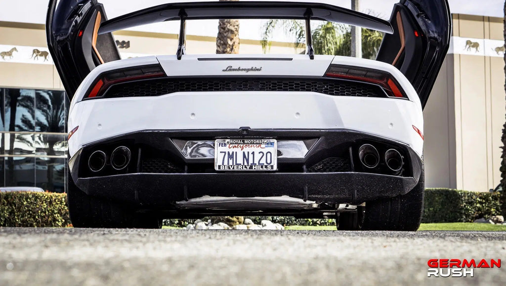 German Rush rear spoiler in carbon fiber side on a 2014-2019 Lamborghini Huracan, image 10