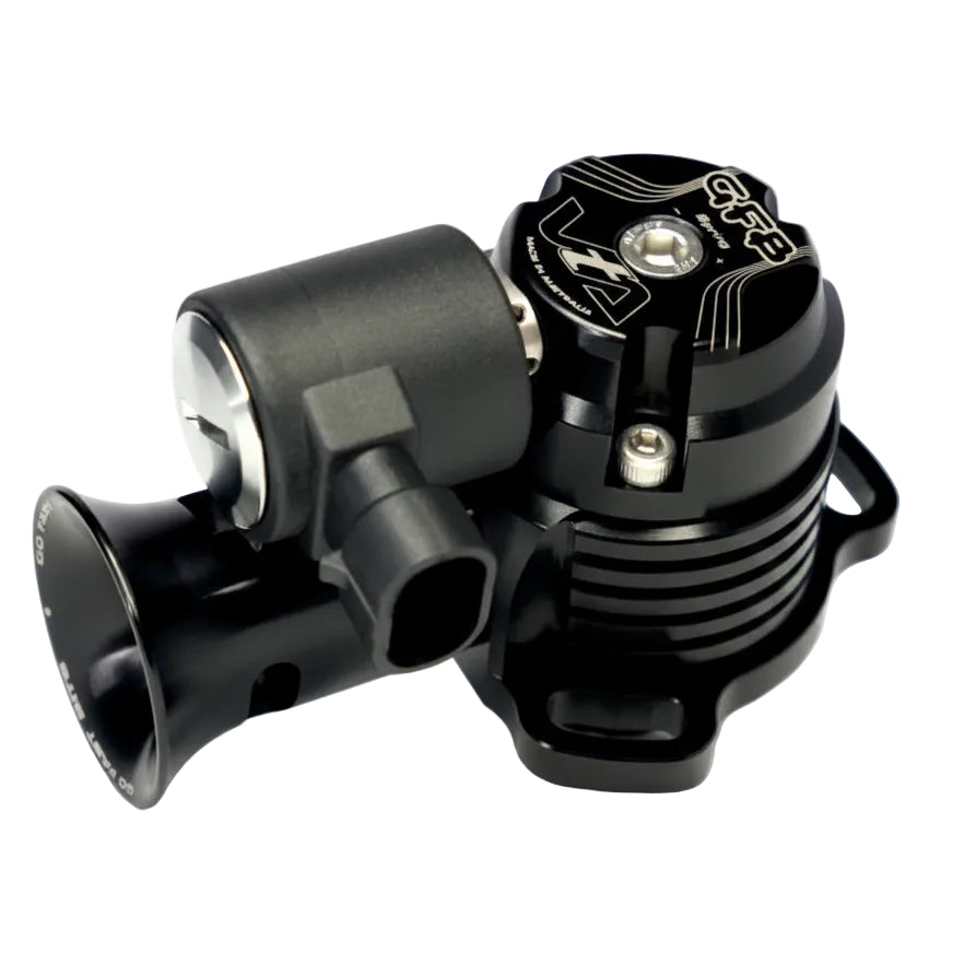 GFB VTA whistling trumpet blow off valve for Fiat/Alfa Romeo, angled view showing trumpet