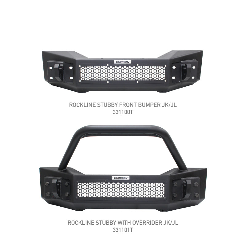 Go Rhino 07-20 Jeep Wrangler JL/JLU/JK/JKU/Gladiator JT Rockline Front Stubby Bumper w/ Overrider - Black Ops Auto Works