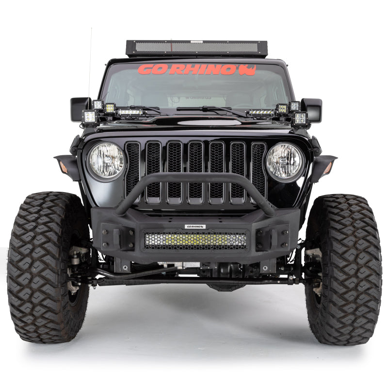 Go Rhino 07-20 Jeep Wrangler JL/JLU/JK/JKU/Gladiator JT Rockline Front Stubby Bumper w/ Overrider - Black Ops Auto Works