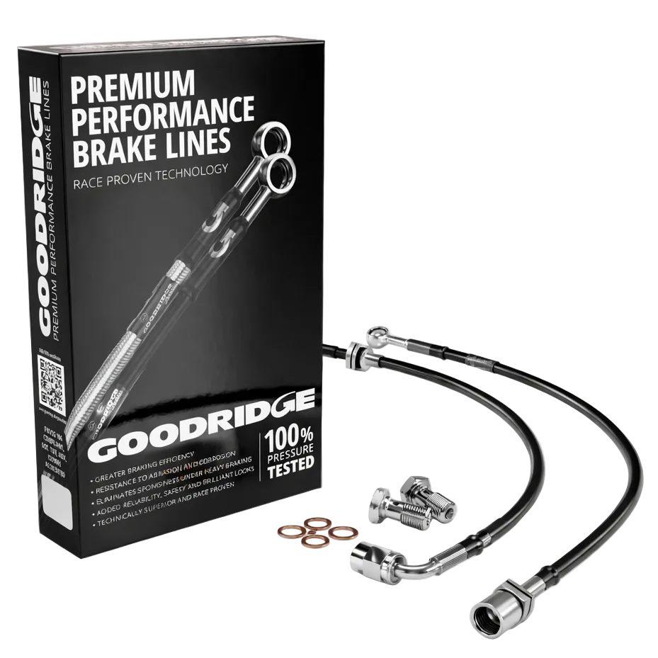 Goodridge G-Stop rear braided brake hose kit shown with its retail box, two black stainless braided hoses, banjo bolts and crush washers