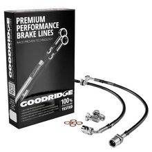 Load image into Gallery viewer, Goodridge G-Stop rear braided brake hose kit shown with its retail box, two black stainless braided hoses, banjo bolts and crush washers