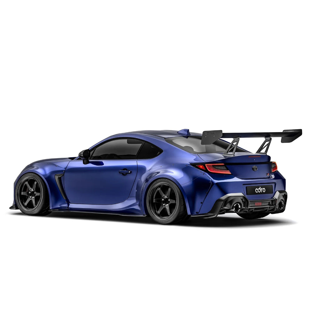 Toyota GR86 and Subaru BRZ ADRO widebody aero kit with wet carbon fiber side skirts and diffuser