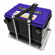 Load image into Gallery viewer, Granatelli Motor Sports GMS452213 billet tray shown securing a battery with the black hold-down.