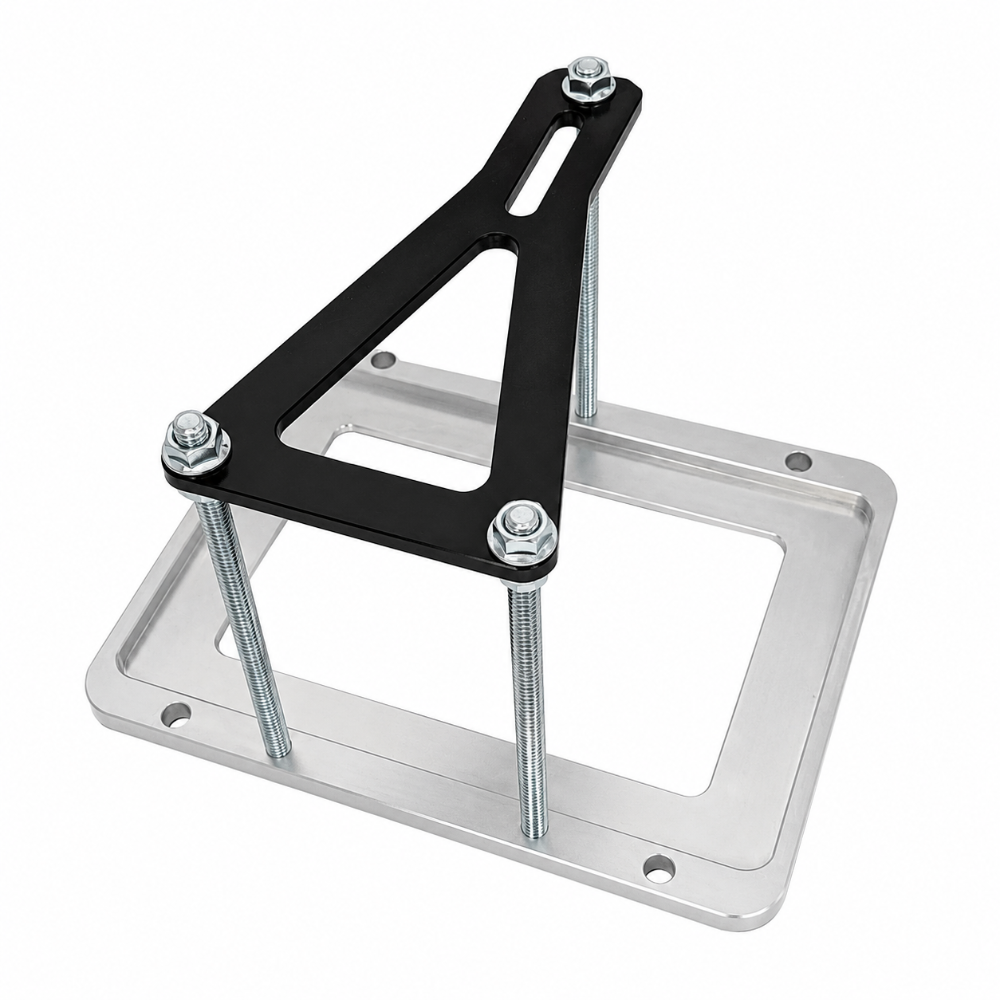 Granatelli Motor Sports GMS452213 clear anodized billet battery tray with black hold-down.