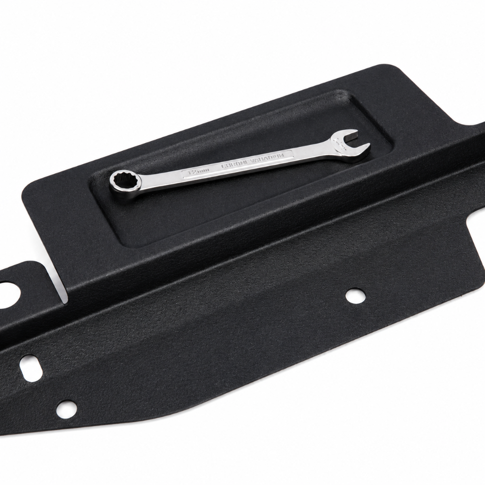 Close-up of the integrated tool tray on the GrimmSpeed GRM096008 radiator shroud