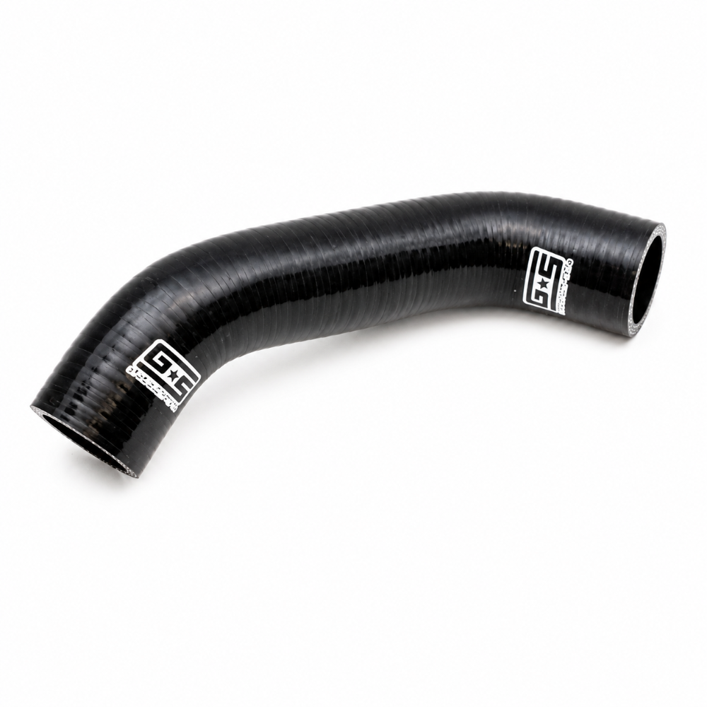 Angled view of a curved GrimmSpeed GRM405323 black silicone radiator hose.