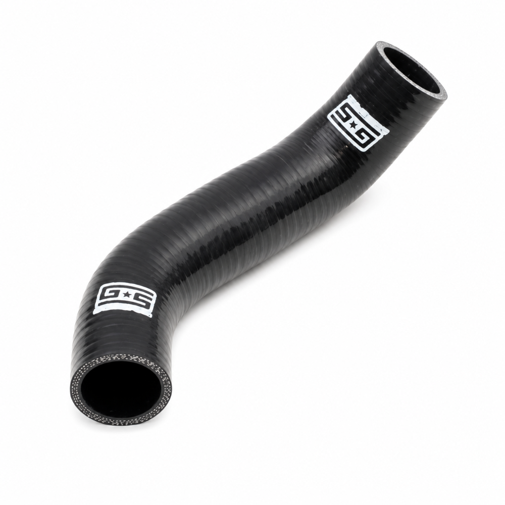 Short curved GrimmSpeed GRM405324 black silicone radiator hose on a white background.