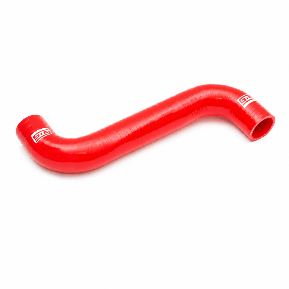 GrimmSpeed GRM405328 red curved upper radiator hose shown on a white background.